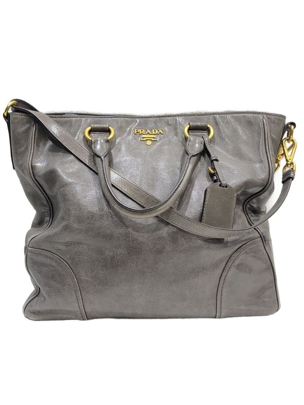 Prada Gray Vitello Shine leather satchel dual top